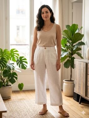 Halston Heritage Beige Tank & White Wide-Leg Linen Pants 100% Line.